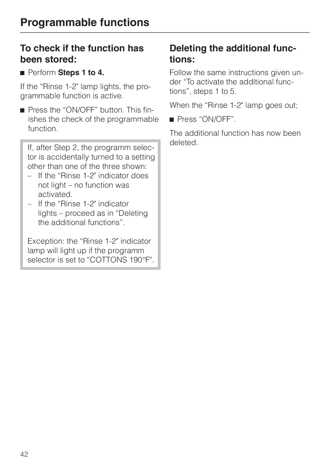 Miele W 1918 To check if the function has been stored, Deleting the additional func- tions, Perform Steps 1 to 