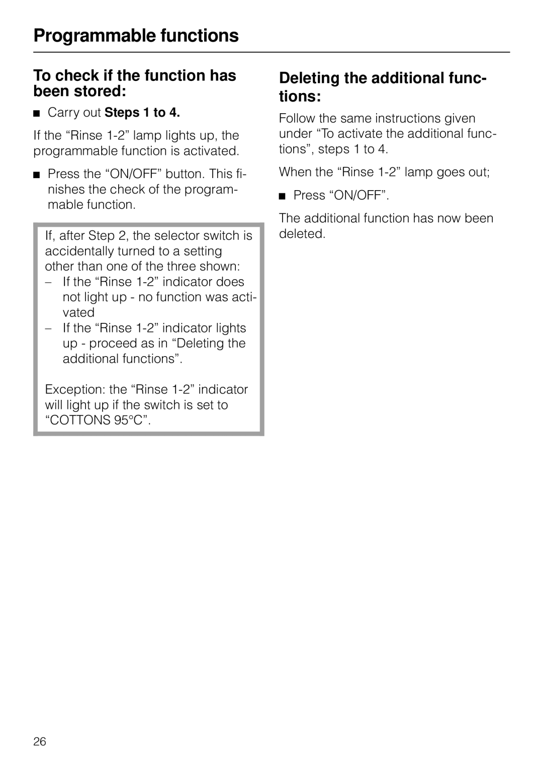 Miele W 1926 To check if the function has been stored, Deleting the additional func- tions, Carry out Steps 1 to 