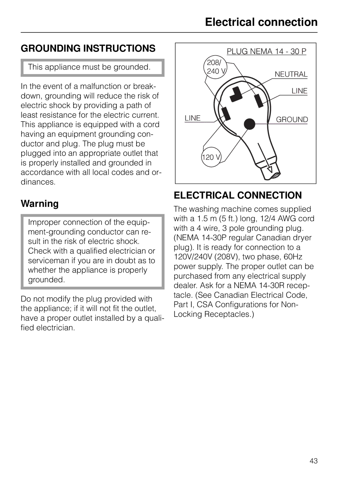 Miele W 1926 operating instructions Electrical connection, Grounding Instructions, Electrical Connection 