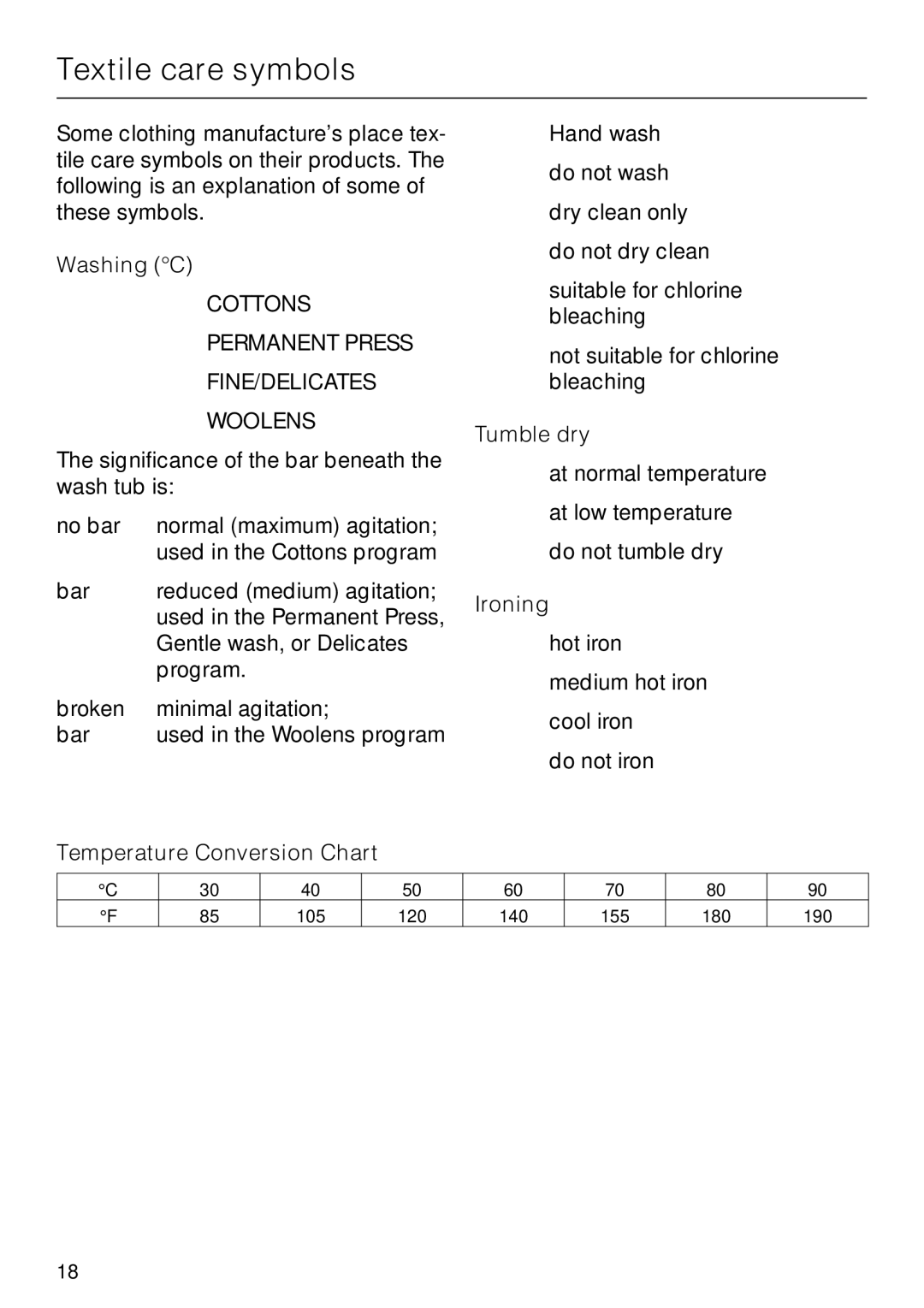 Miele W 1930 operating instructions Textile care symbols, Washing C, Tumble dry, Ironing, Temperature Conversion Chart 