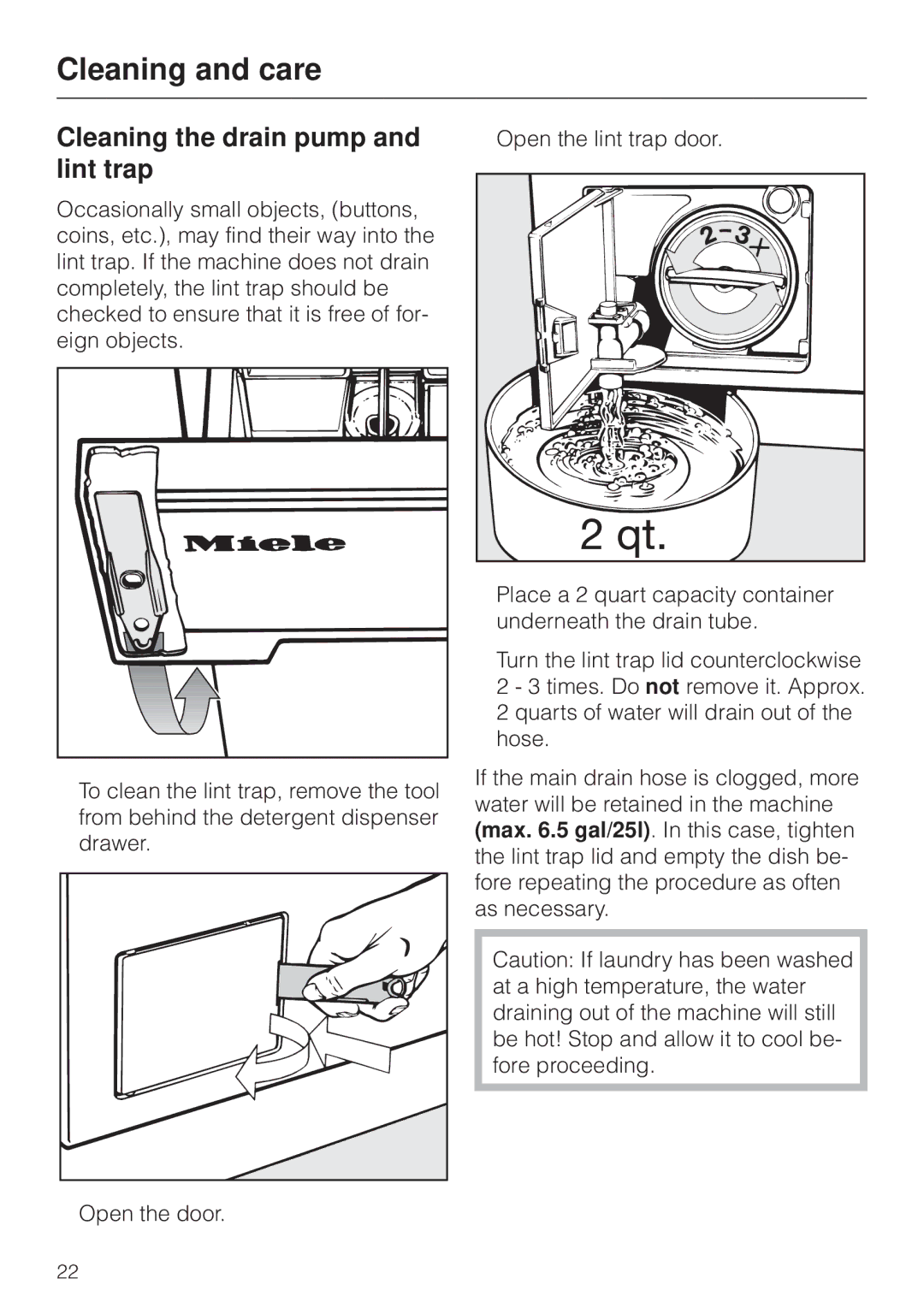 Miele W 1930 operating instructions Cleaning the drain pump and lint trap 