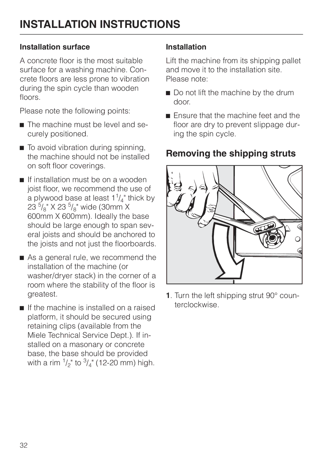 Miele W 1930 operating instructions Removing the shipping struts, Installation surface 