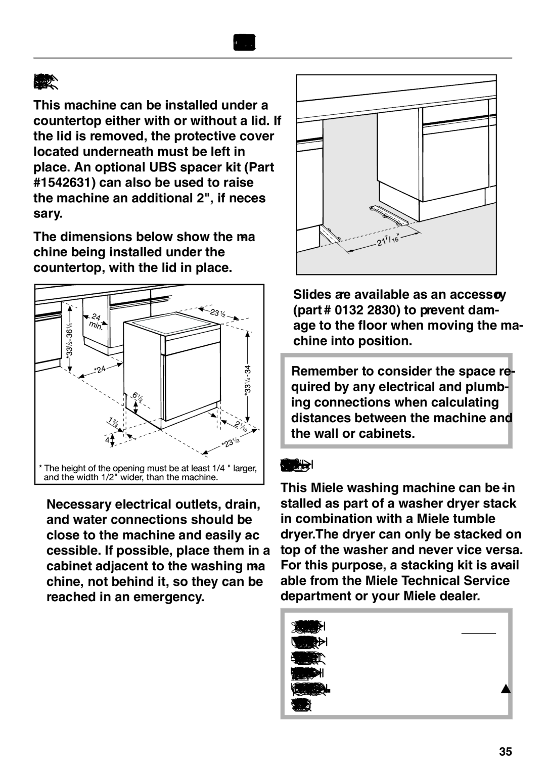 Miele W 1930 operating instructions Building, Washer / Dryer Stack 