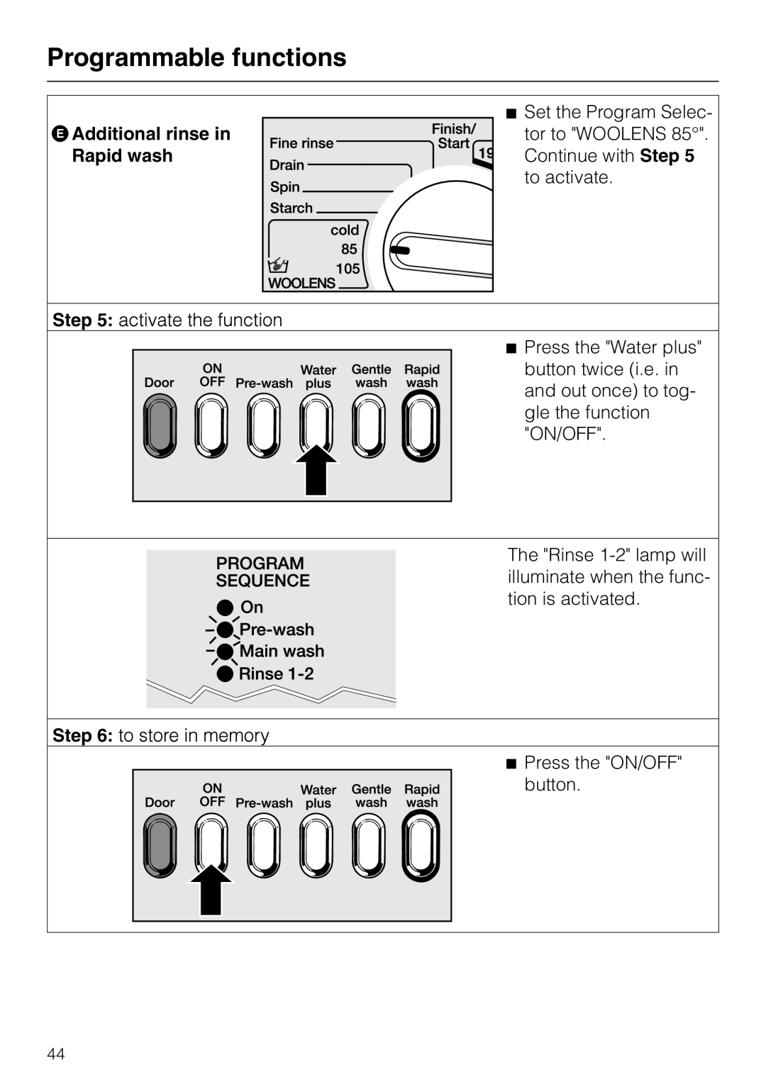 Miele W 1930 operating instructions Additional rinse in Rapid wash 