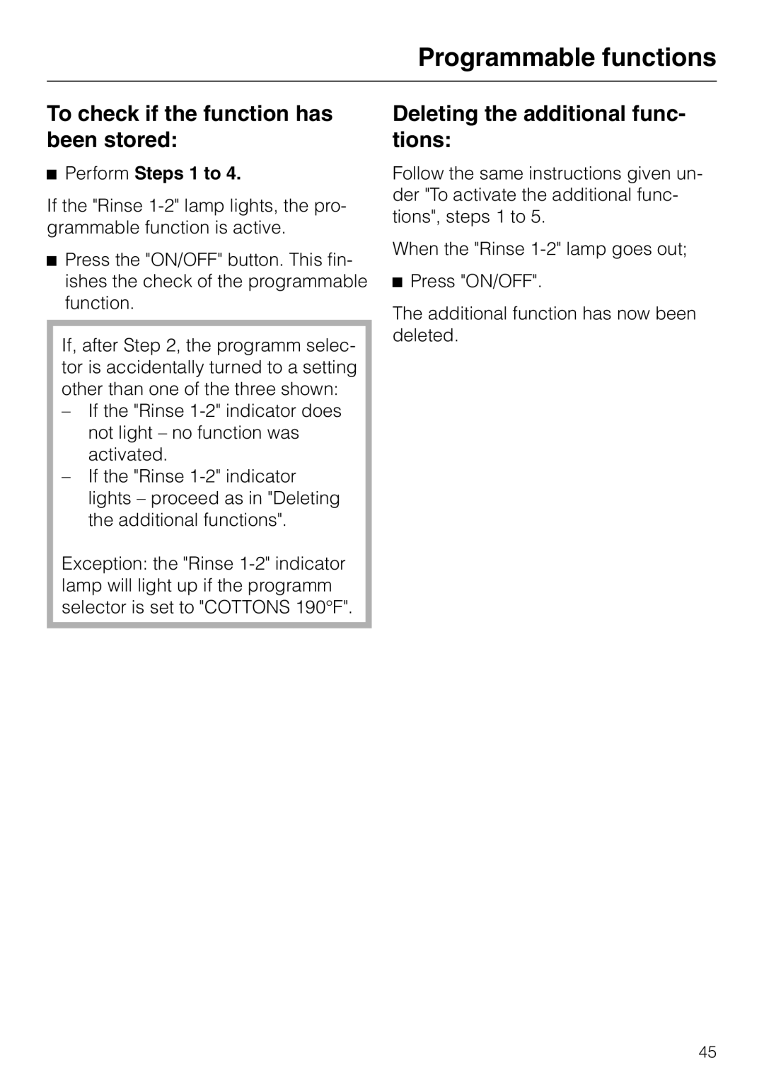 Miele W 1930 To check if the function has been stored, Deleting the additional func- tions, Perform Steps 1 to 