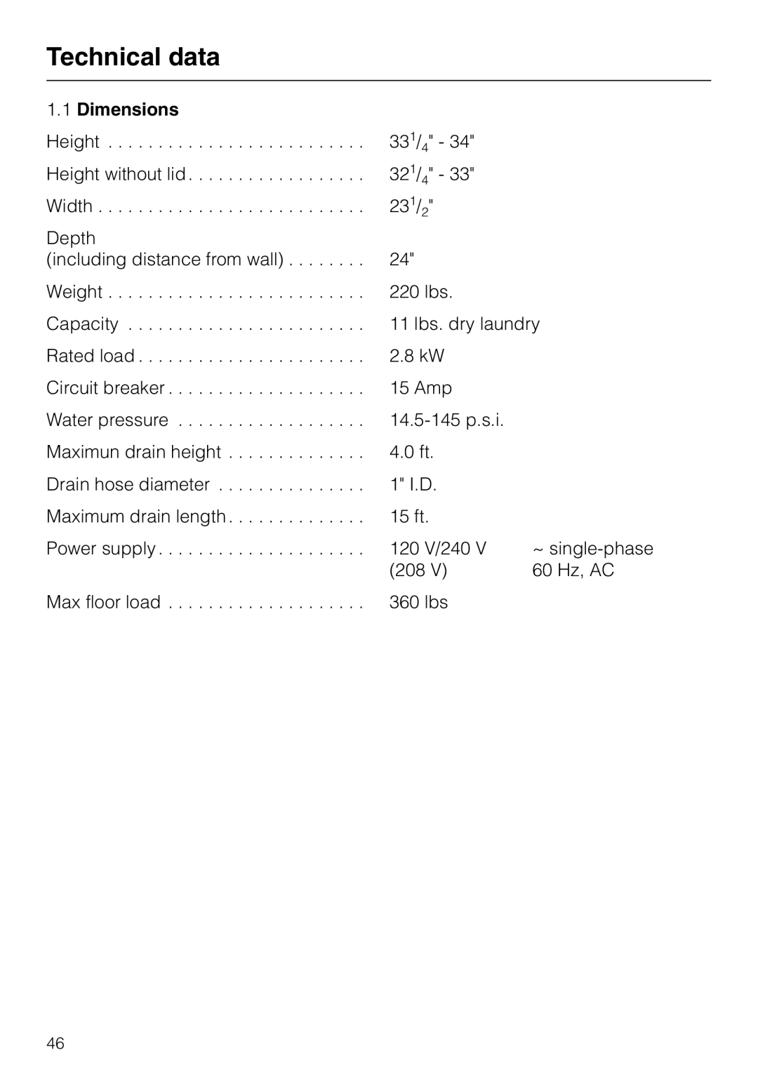 Miele W 1930 operating instructions Technical data, Dimensions 