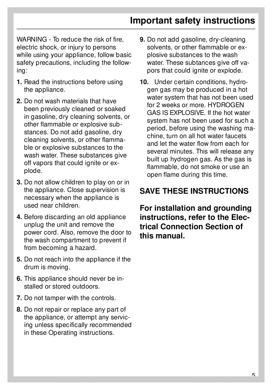 Miele W 1930 operating instructions Important safety instructions 