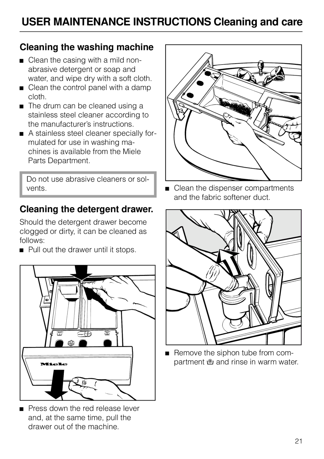 Miele W 1930I User Maintenance Instructions Cleaning and care, Cleaning the washing machine, Cleaning the detergent drawer 