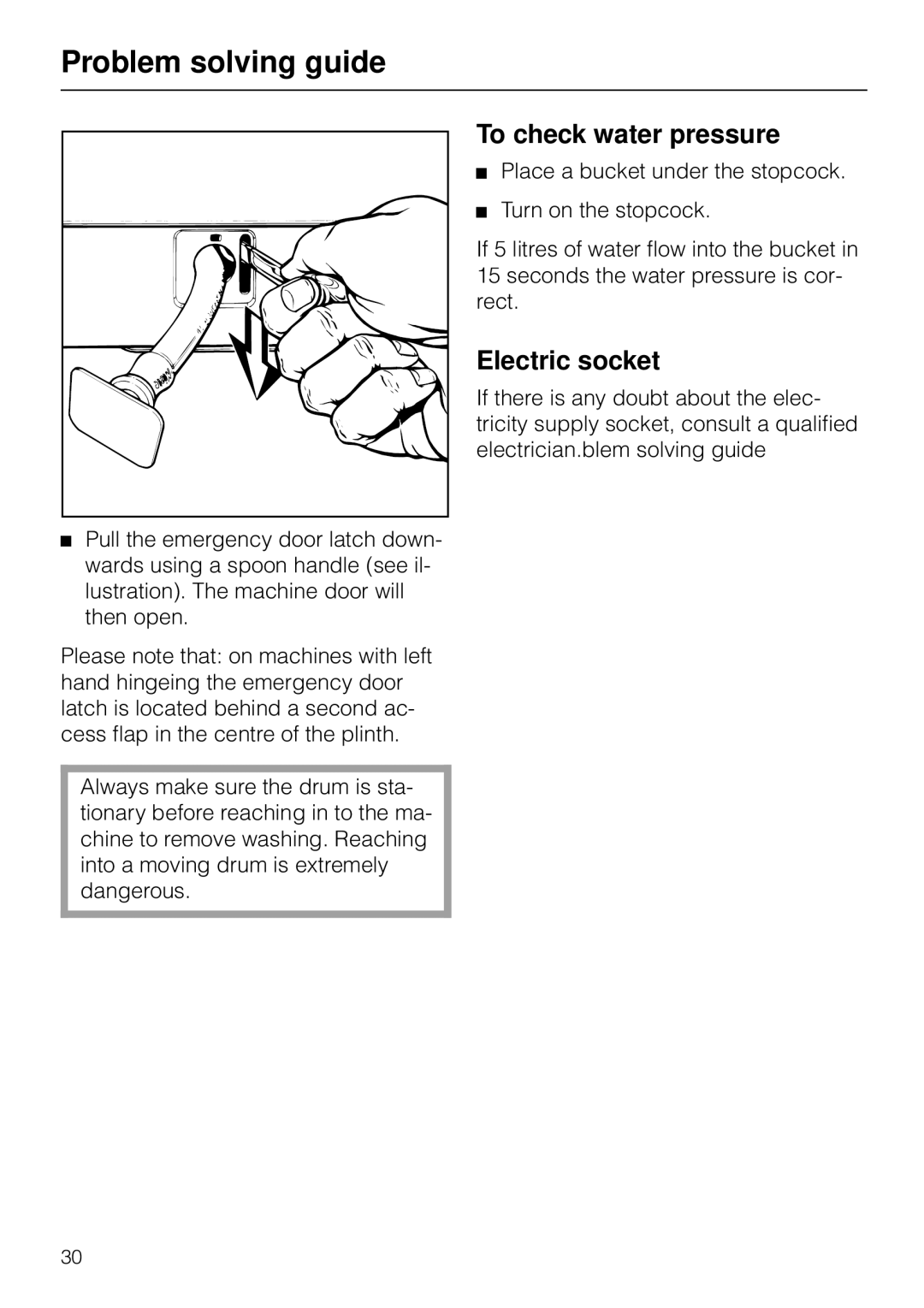 Miele W 1930I operating instructions To check water pressure, Electric socket 