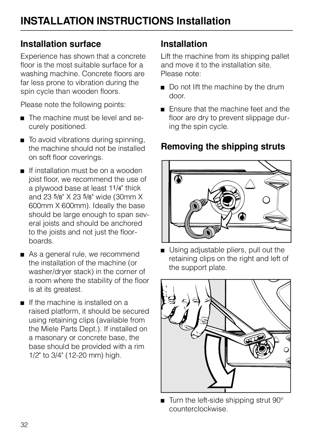 Miele W 1930I Installation Instructions Installation, Installation surface, Removing the shipping struts 