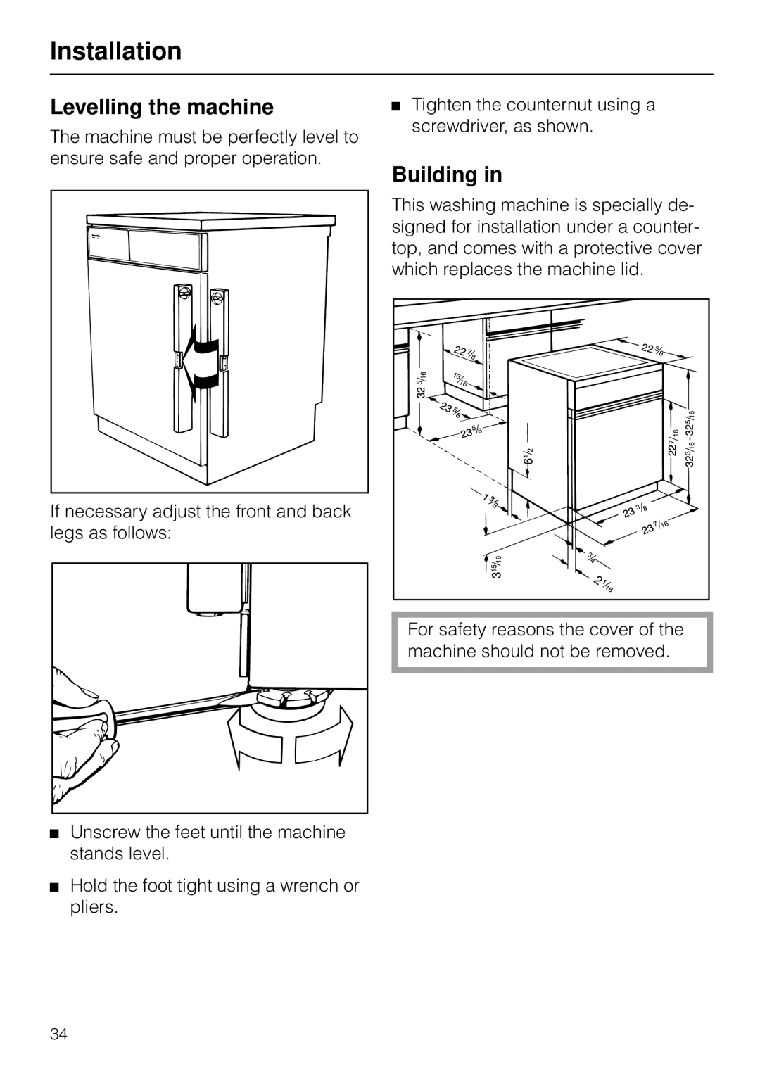 Miele W 1930I operating instructions Levelling the machine, Building 