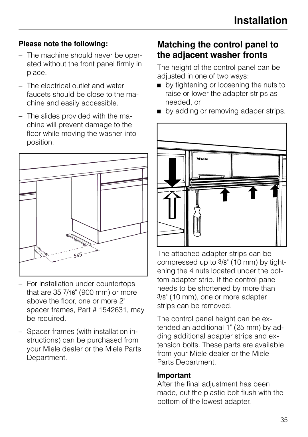 Miele W 1930I operating instructions Matching the control panel to the adjacent washer fronts, Please note the following 