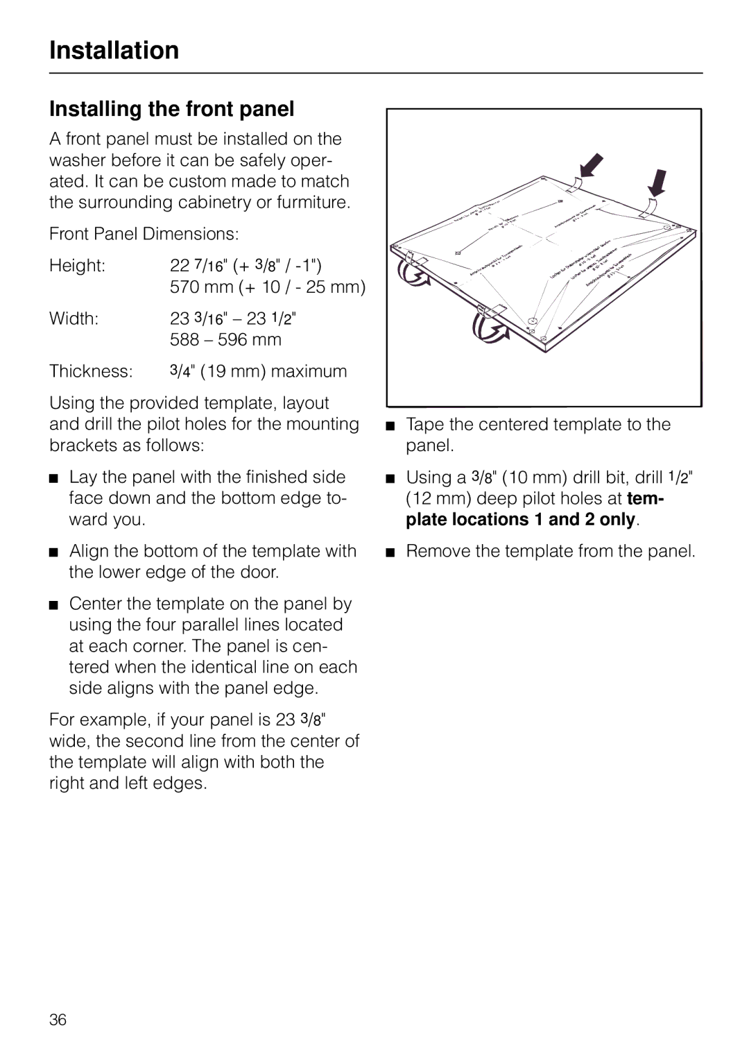 Miele W 1930I operating instructions Installing the front panel, Plate locations 1 and 2 only 