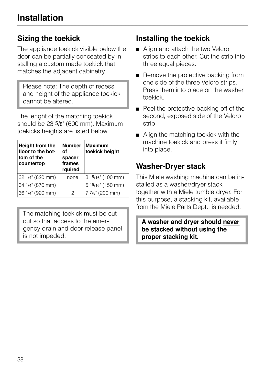 Miele W 1930I operating instructions Sizing the toekick Installing the toekick, Washer-Dryer stack 