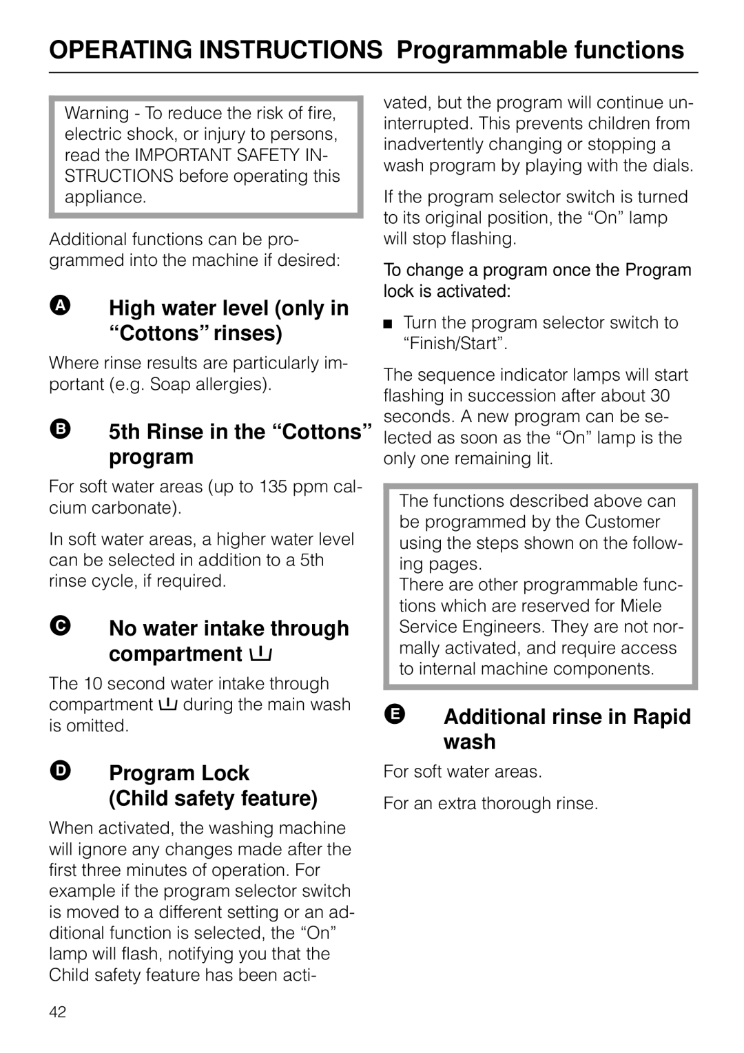 Miele W 1930I operating instructions Operating Instructions Programmable functions, High water level only in Cottons rinses 