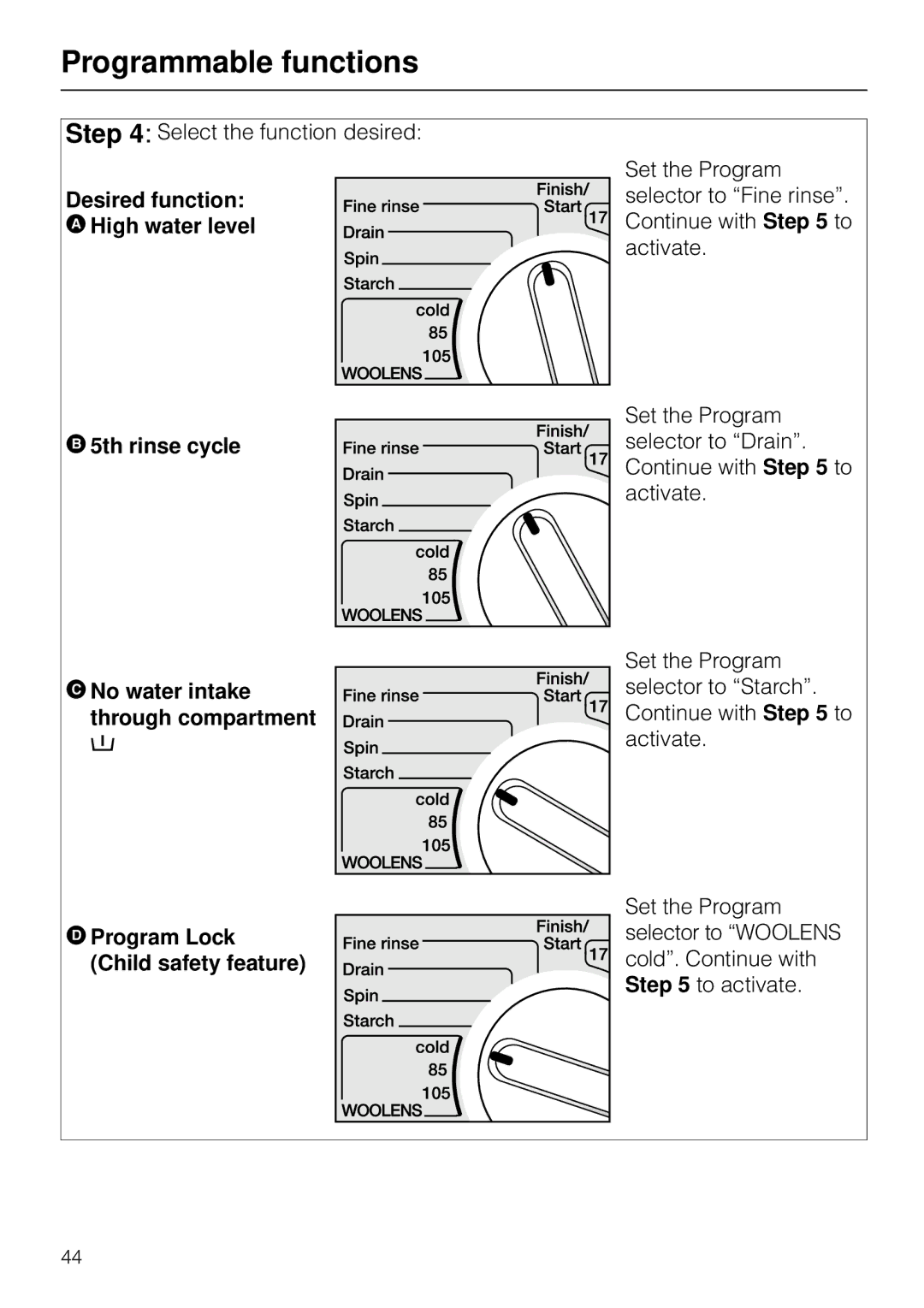 Miele W 1930I Desired function AHigh water level B5th rinse cycle, DProgram Lock Child safety feature 