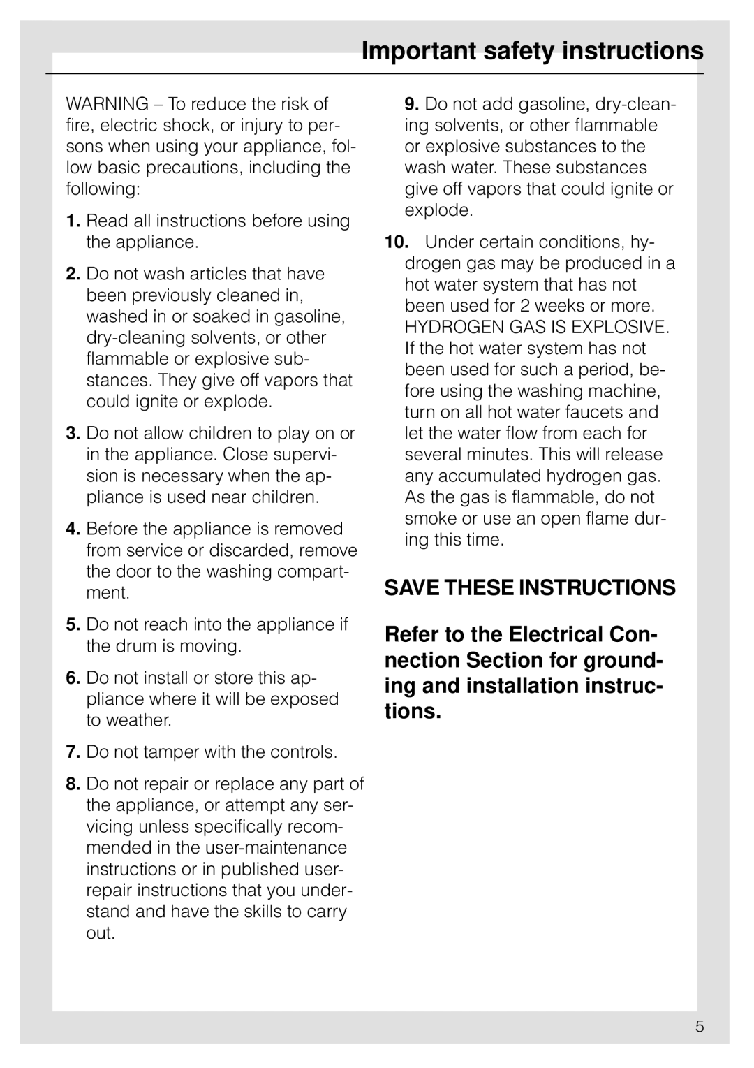 Miele W 1930I operating instructions Important safety instructions 