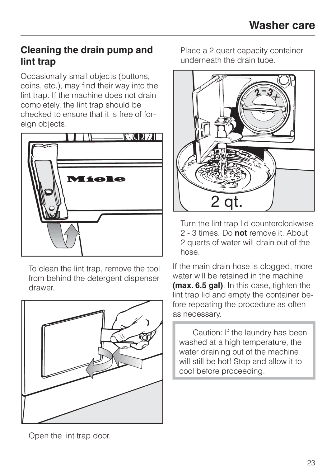 Miele W 1966 operating instructions Cleaning the drain pump and lint trap 