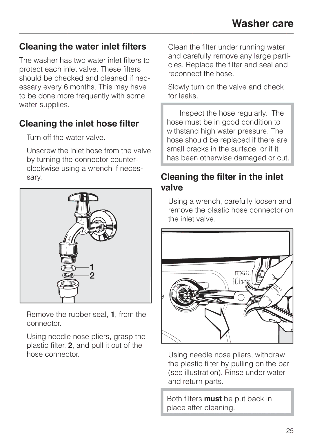 Miele W 1966 Cleaning the water inlet filters, Cleaning the inlet hose filter, Cleaning the filter in the inlet valve 