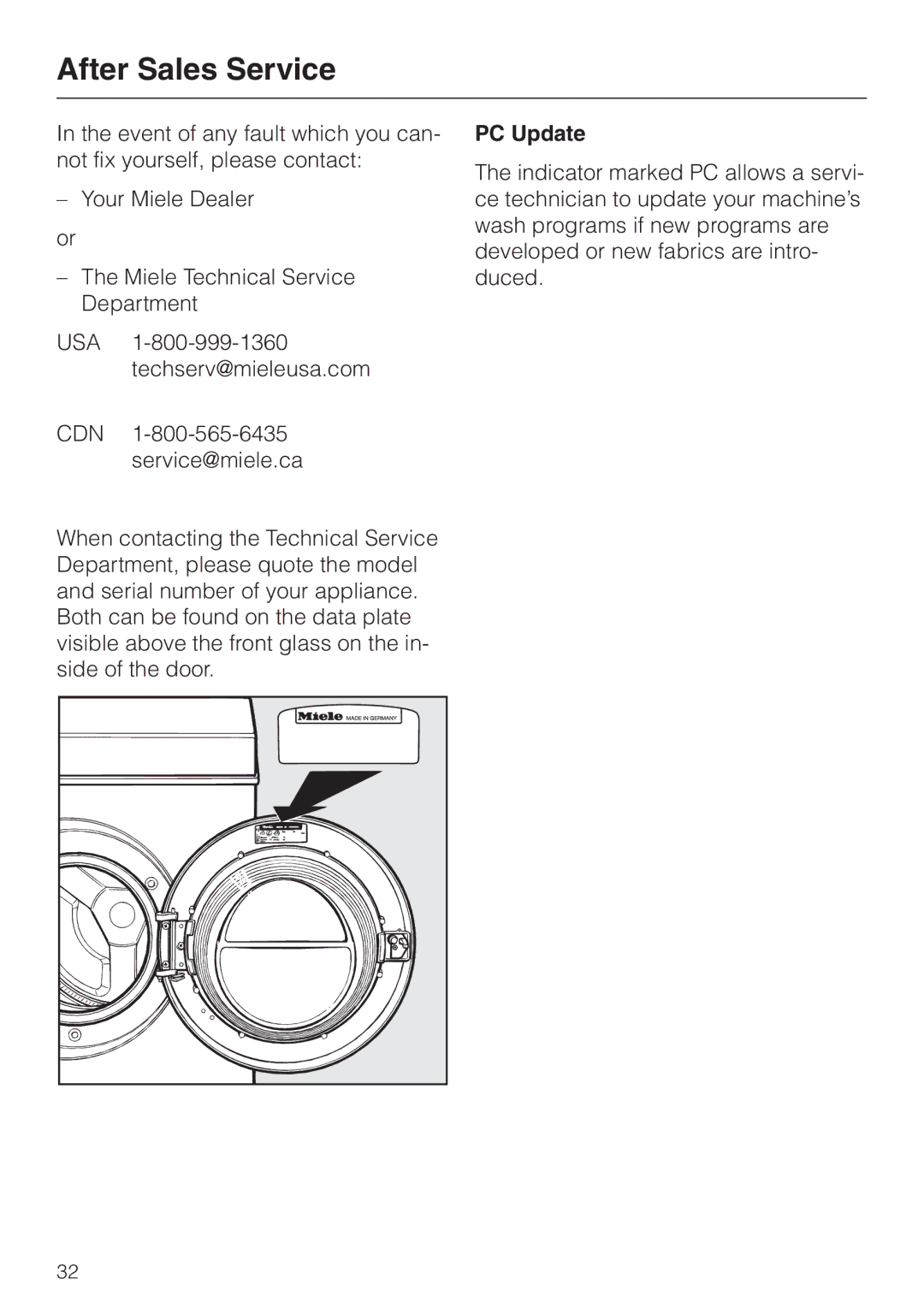 Miele W 1966 operating instructions After Sales Service, PC Update 