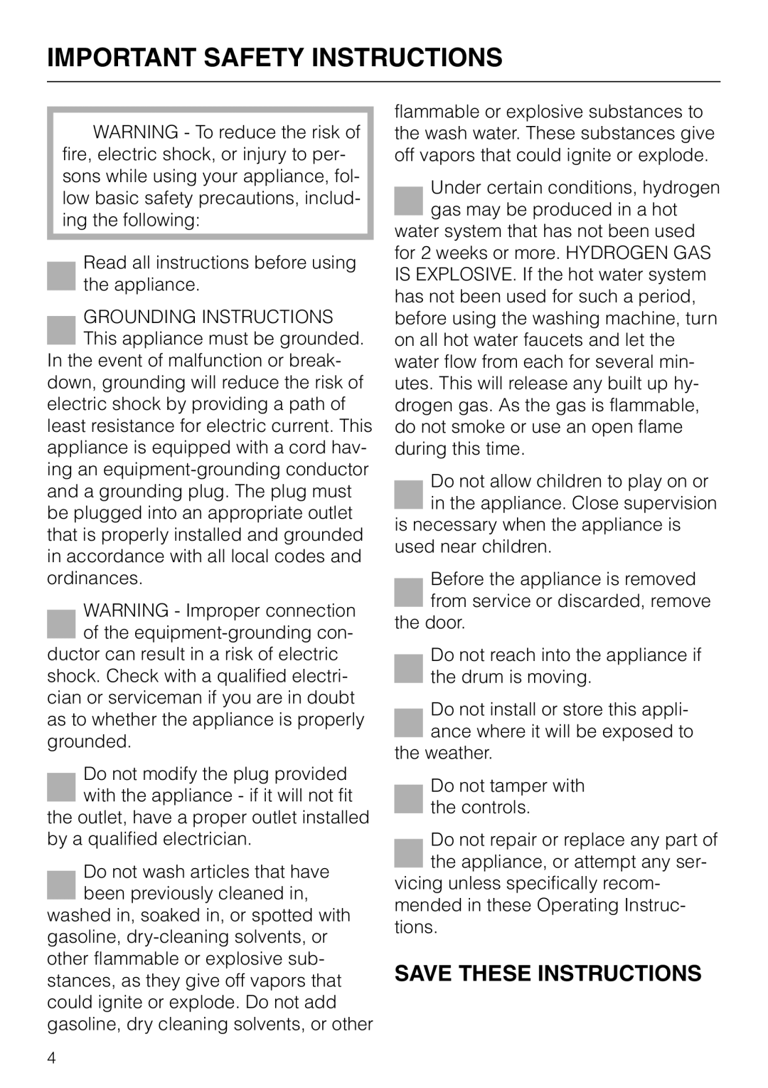 Miele W 1966 operating instructions Important Safety Instructions 