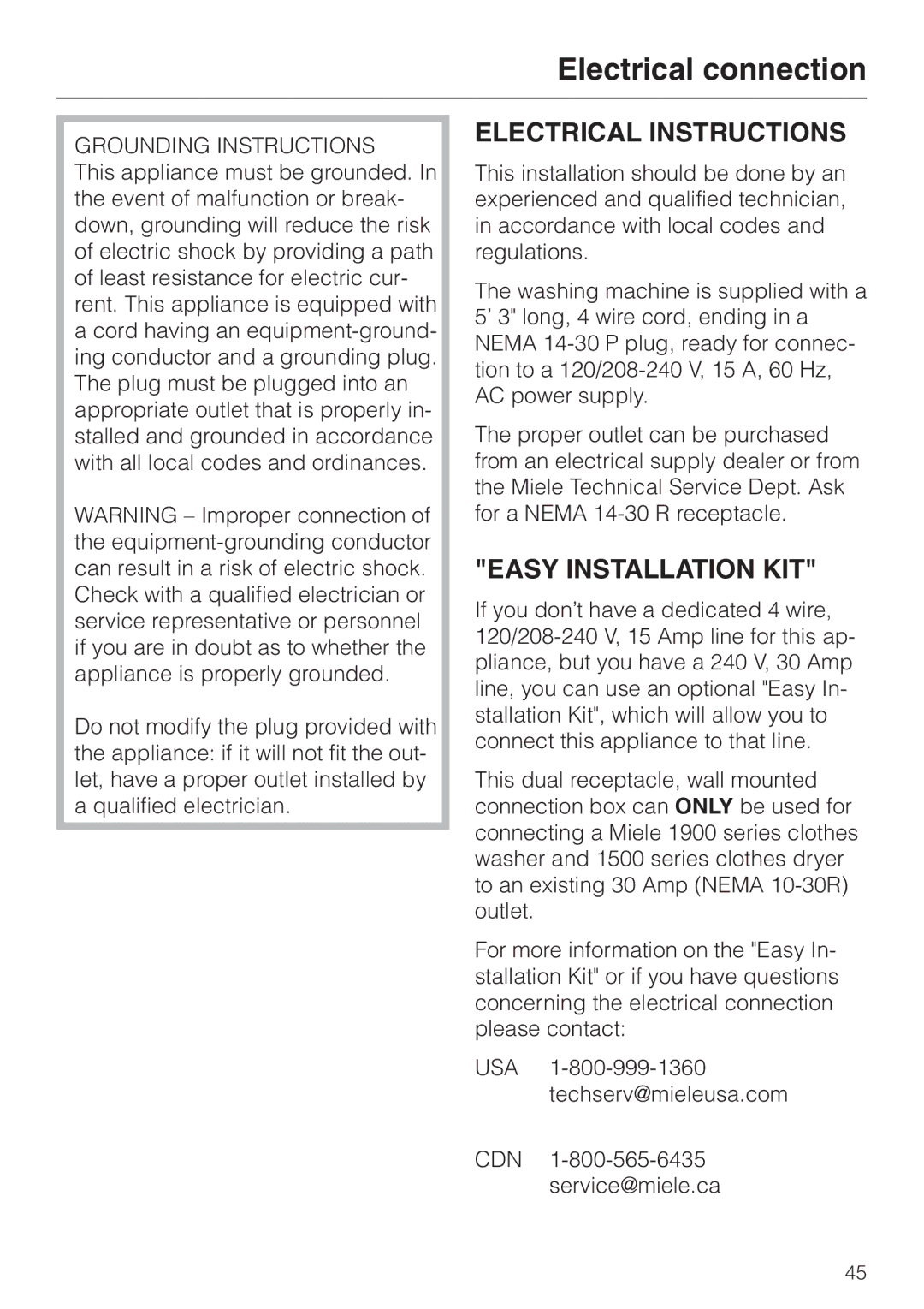 Miele W 1966 operating instructions Electrical connection, Grounding Instructions 