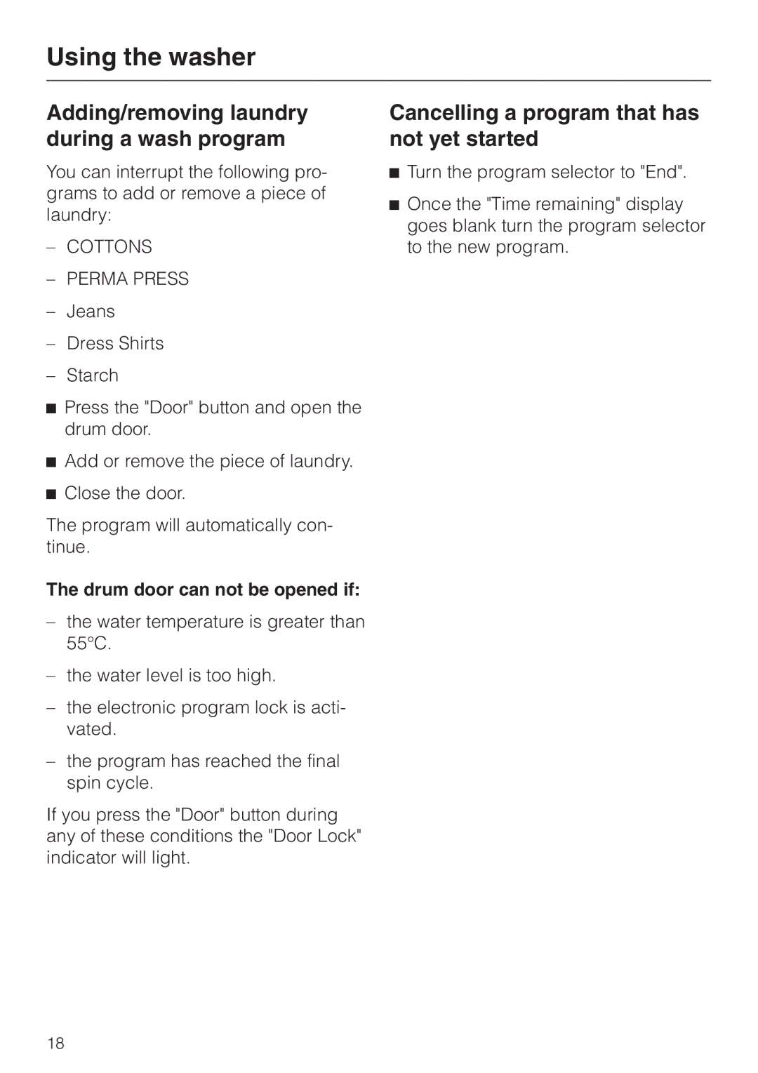 Miele W 1986 Adding/removing laundry during a wash program, Cancelling a program that has not yet started 