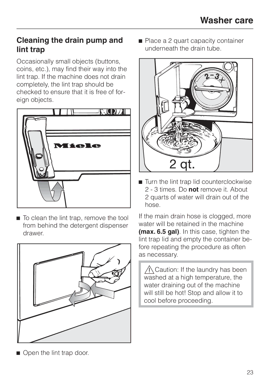 Miele W 1986 operating instructions Cleaning the drain pump and lint trap 