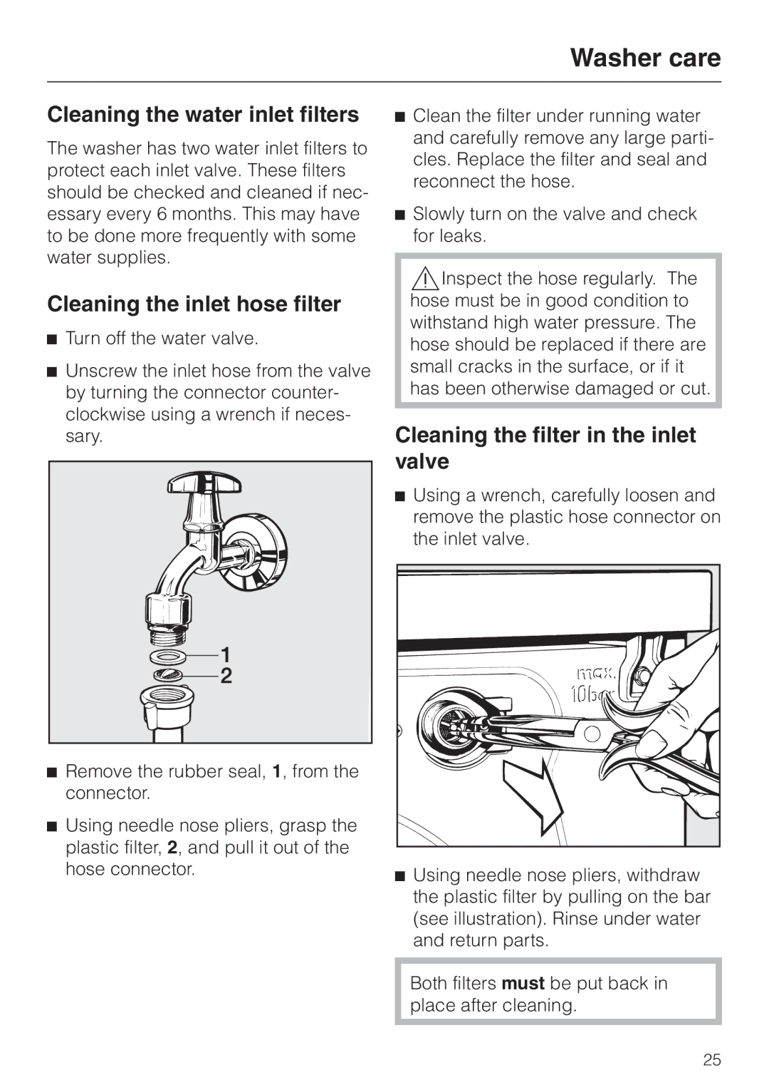 Miele W 1986 Cleaning the water inlet filters, Cleaning the inlet hose filter, Cleaning the filter in the inlet valve 