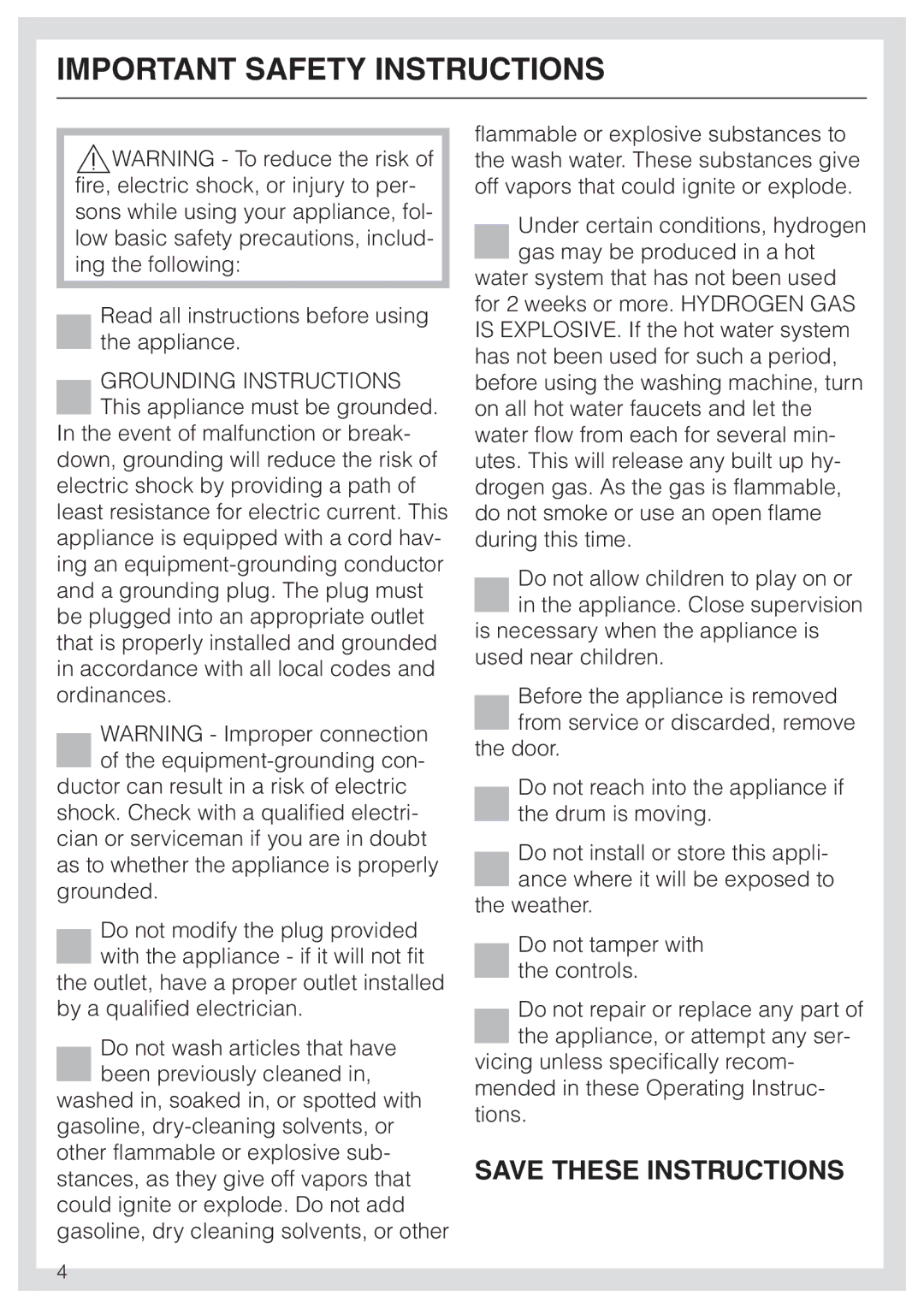 Miele W 1986 operating instructions Important Safety Instructions 