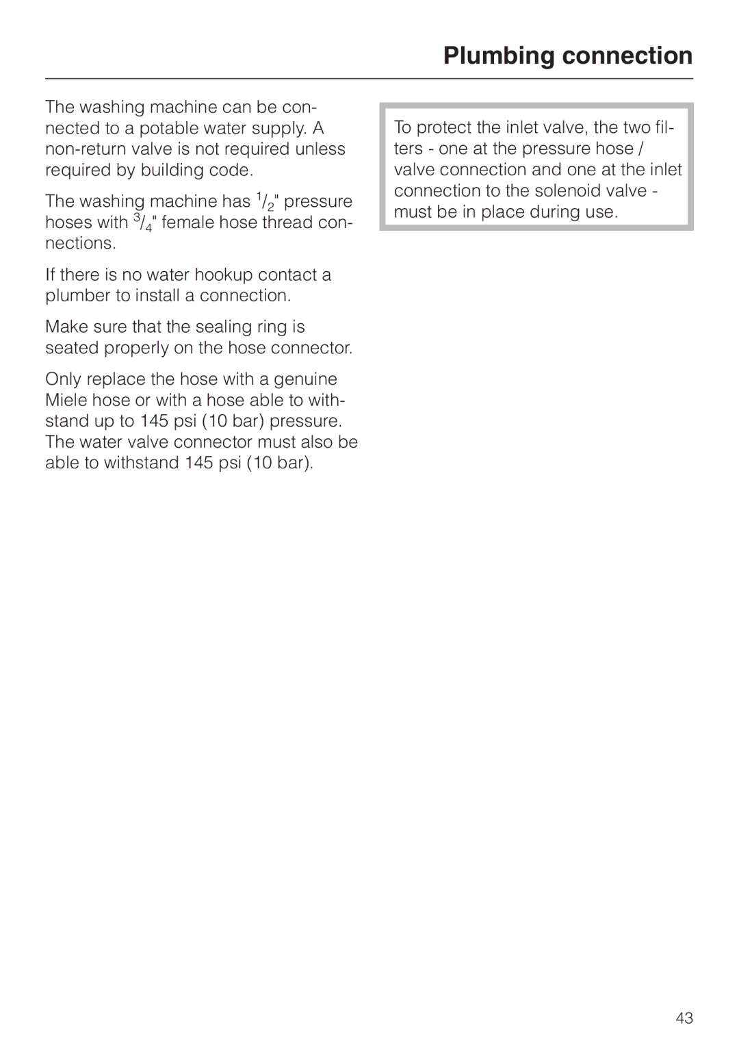 Miele W 1986 operating instructions Plumbing connection 