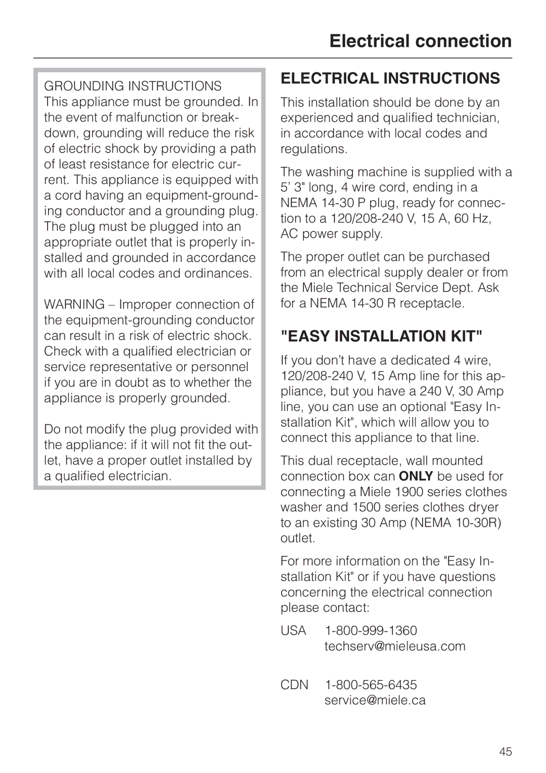 Miele W 1986 operating instructions Electrical connection, Grounding Instructions 