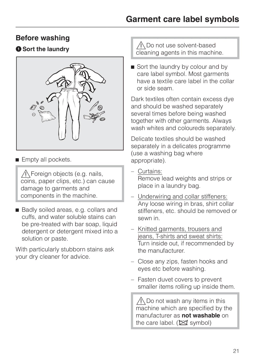 Miele W 2240 operating instructions Before washing, ASort the laundry 