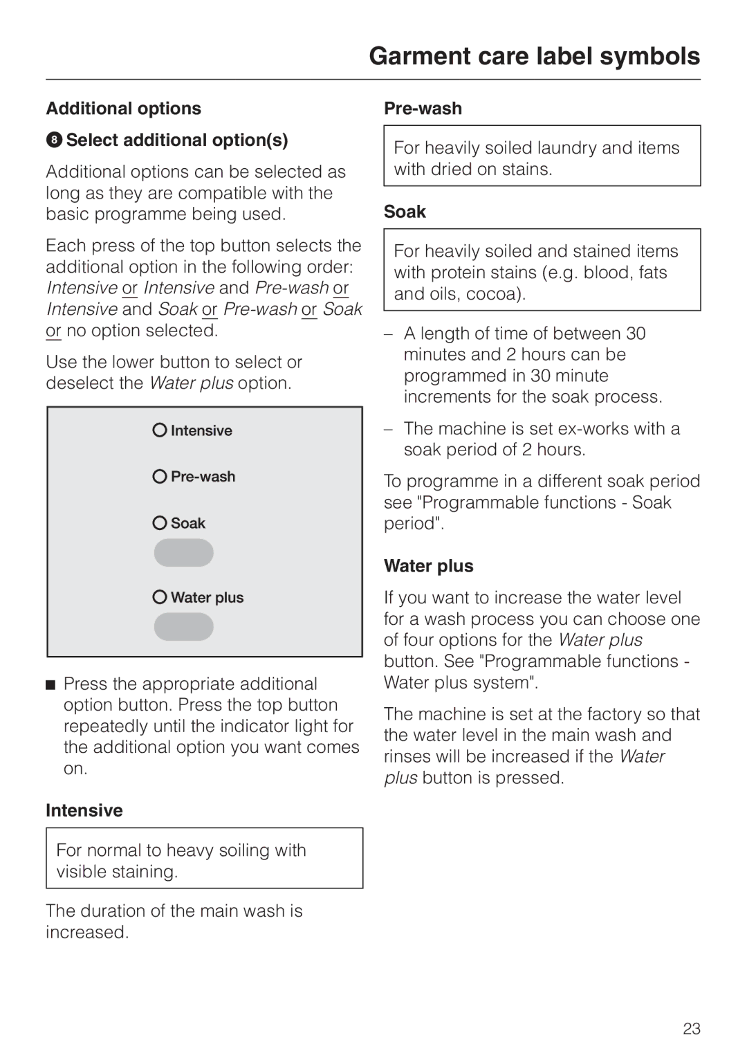 Miele W 2240 operating instructions Additional options HSelect additional options, Intensive, Pre-wash, Soak, Water plus 