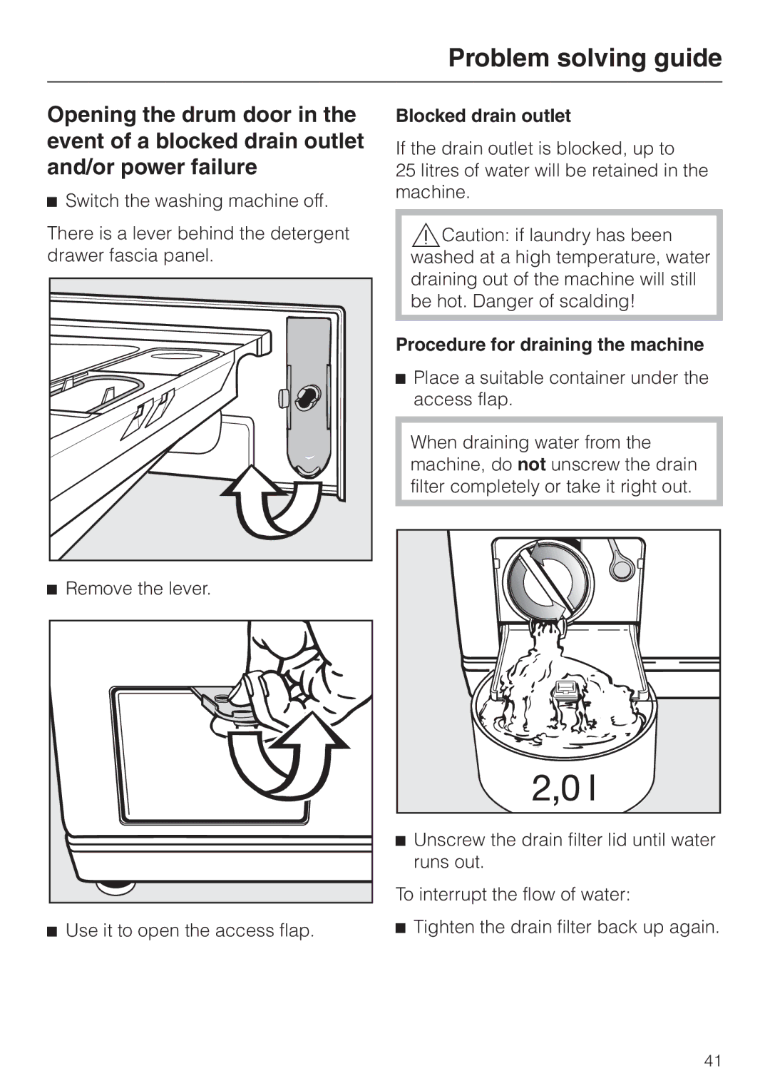 Miele W 2240 Remove the lever, Use it to open the access flap, Blocked drain outlet, Procedure for draining the machine 