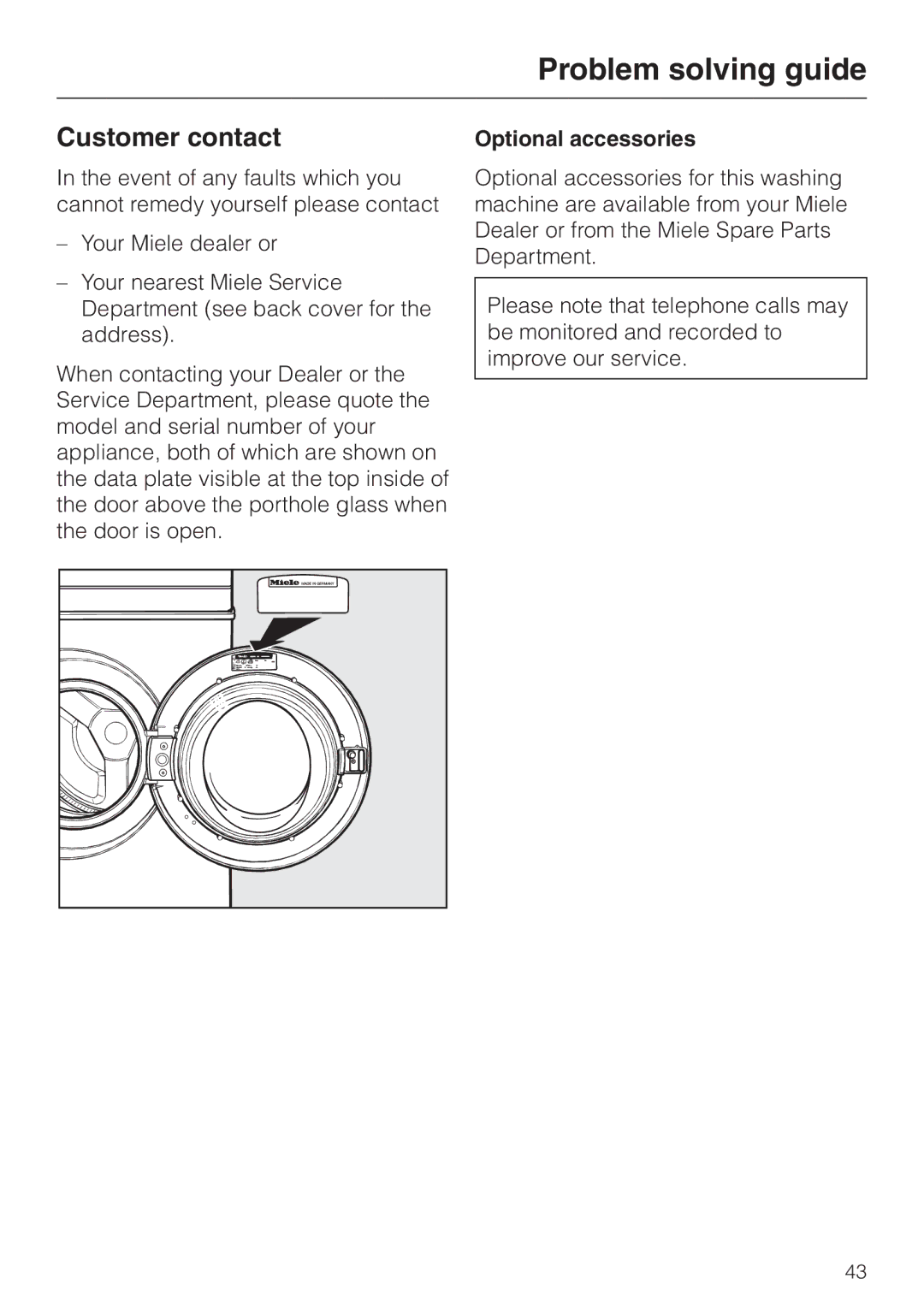 Miele W 2240 operating instructions Customer contact, Optional accessories 