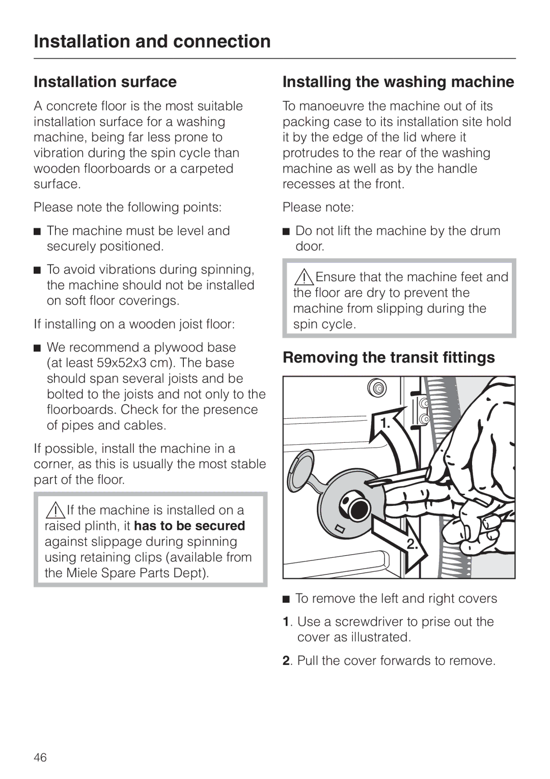 Miele W 2240 operating instructions Installation surface, Installing the washing machine, Removing the transit fittings 