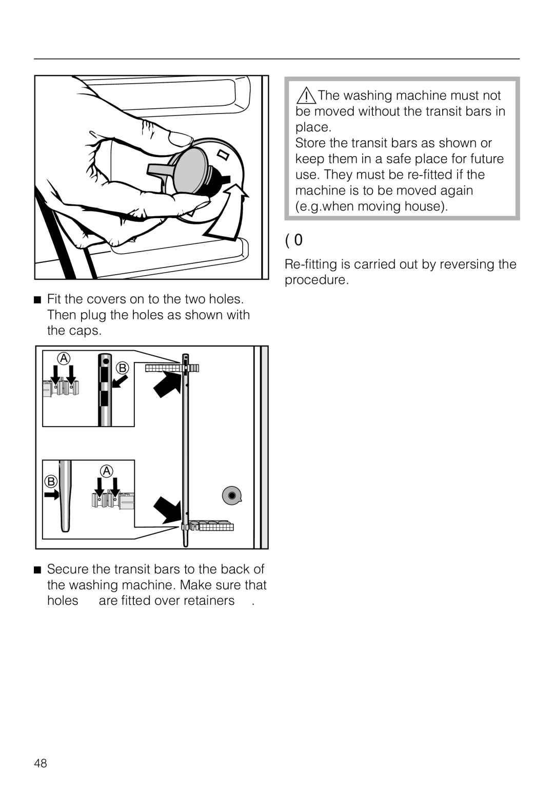 Miele W 2240 operating instructions Re-fitting the transit bars 