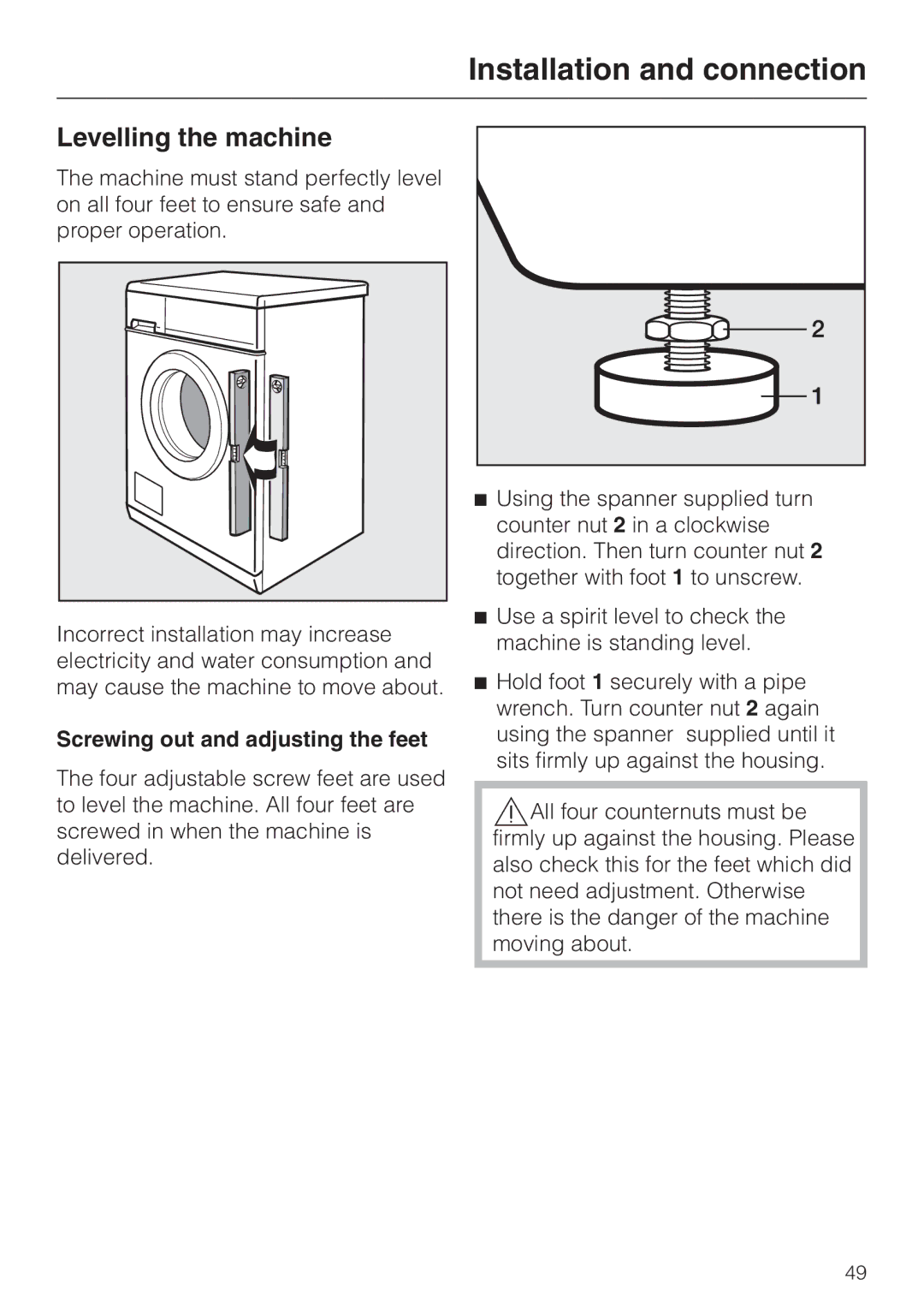 Miele W 2240 operating instructions Levelling the machine, Screwing out and adjusting the feet 