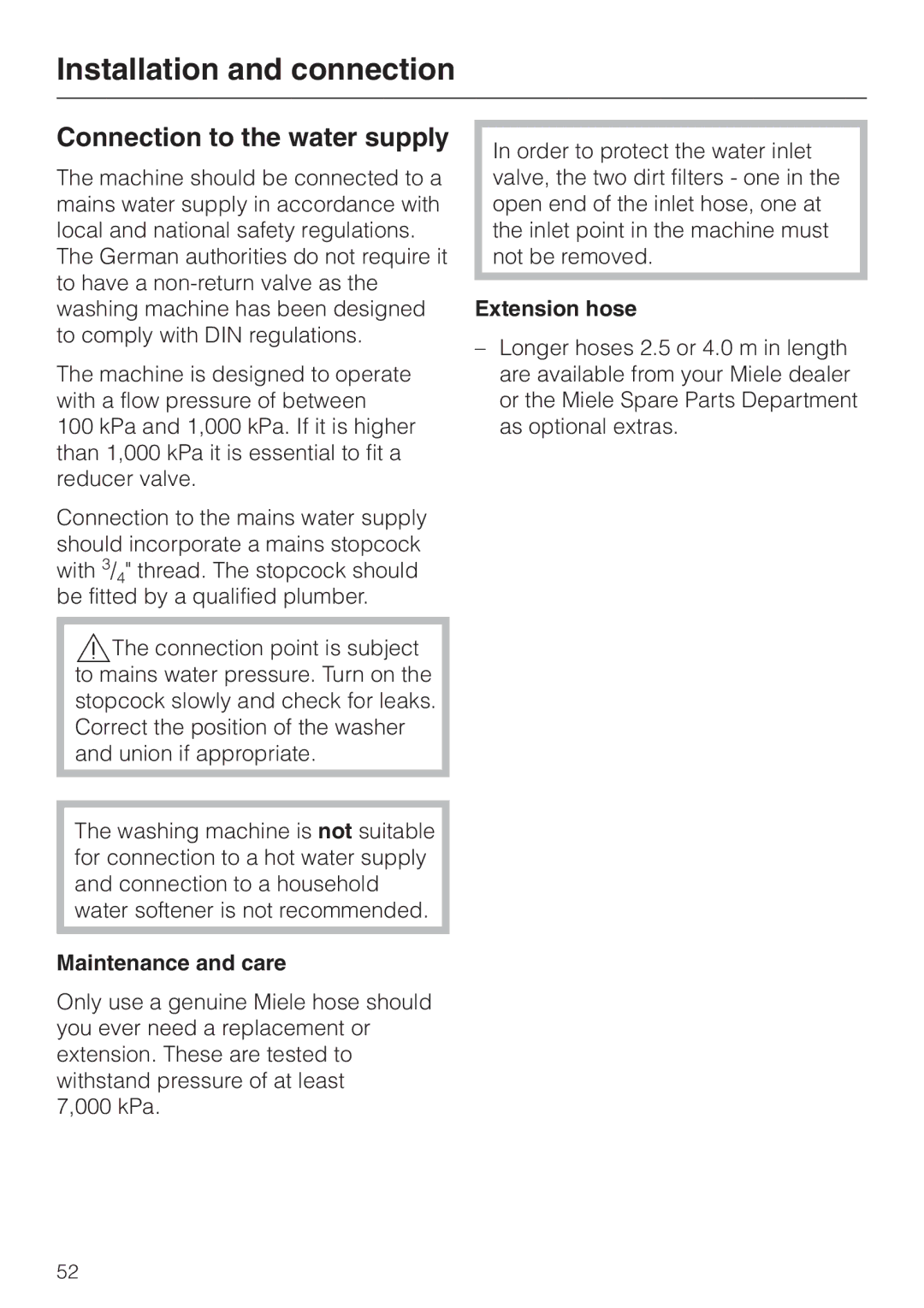 Miele W 2240 operating instructions Connection to the water supply, Maintenance and care, Extension hose 