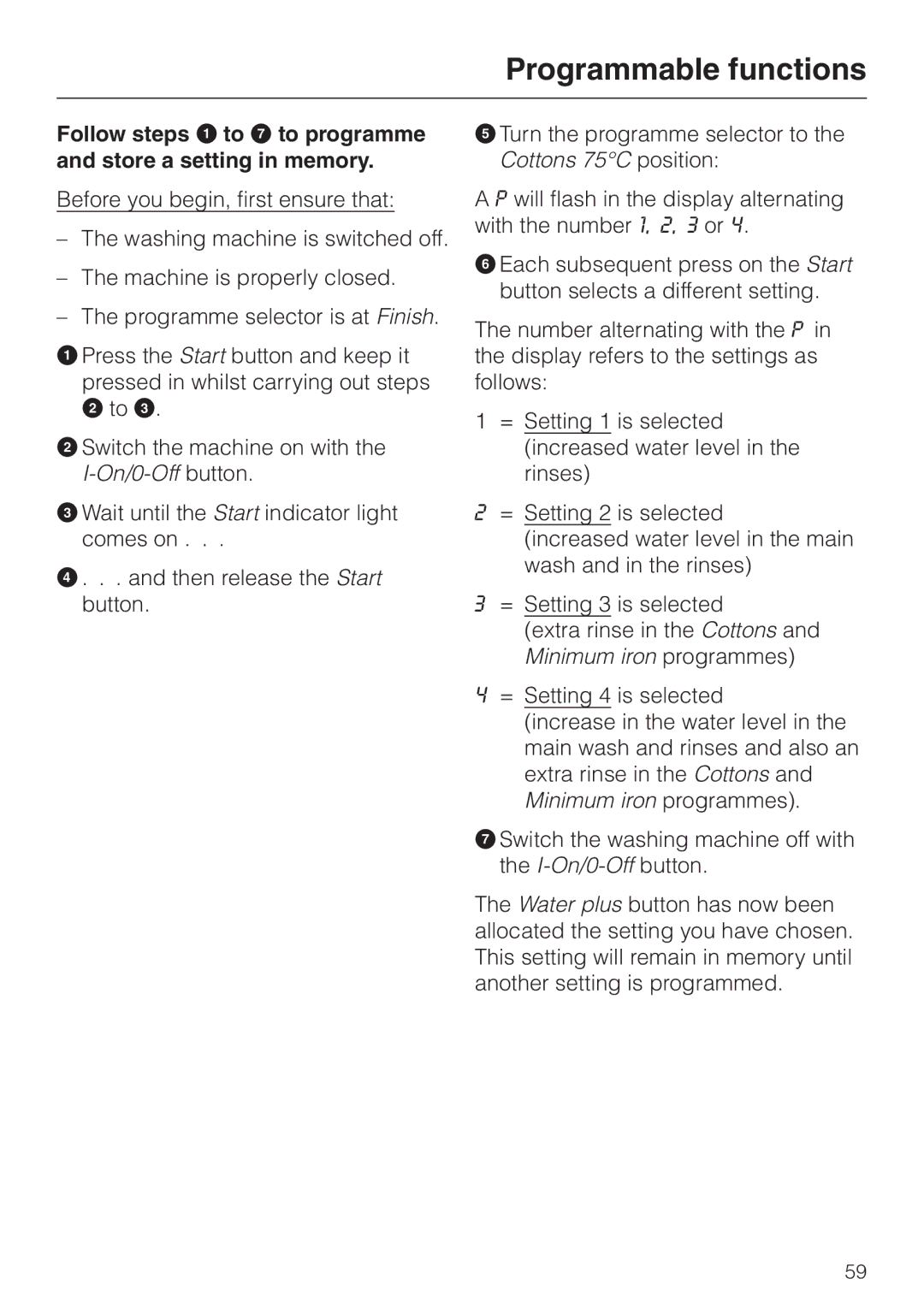 Miele W 2240 operating instructions Programmable functions 