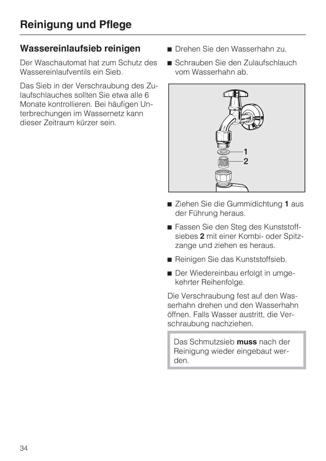 Miele W 3000 manual Wassereinlaufsieb reinigen 