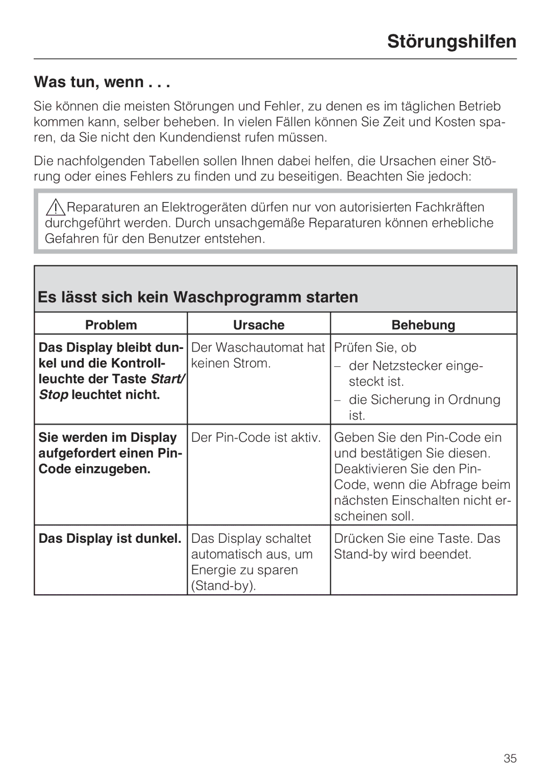 Miele W 3000 manual Störungshilfen, Was tun, wenn, Es lässt sich kein Waschprogramm starten 