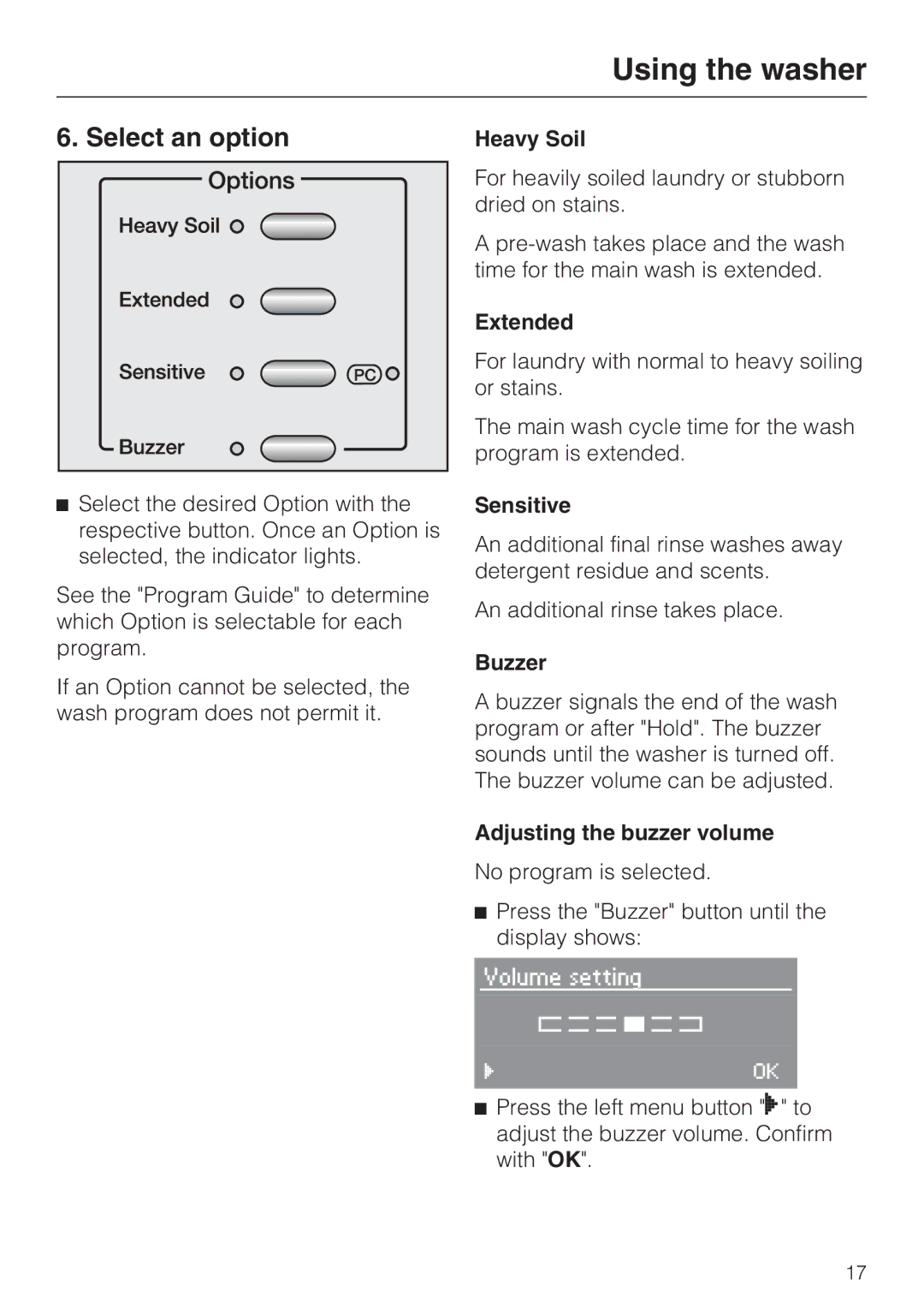 Miele W 3037 installation instructions Select an option, Extended, Sensitive, Buzzer, Adjusting the buzzer volume 