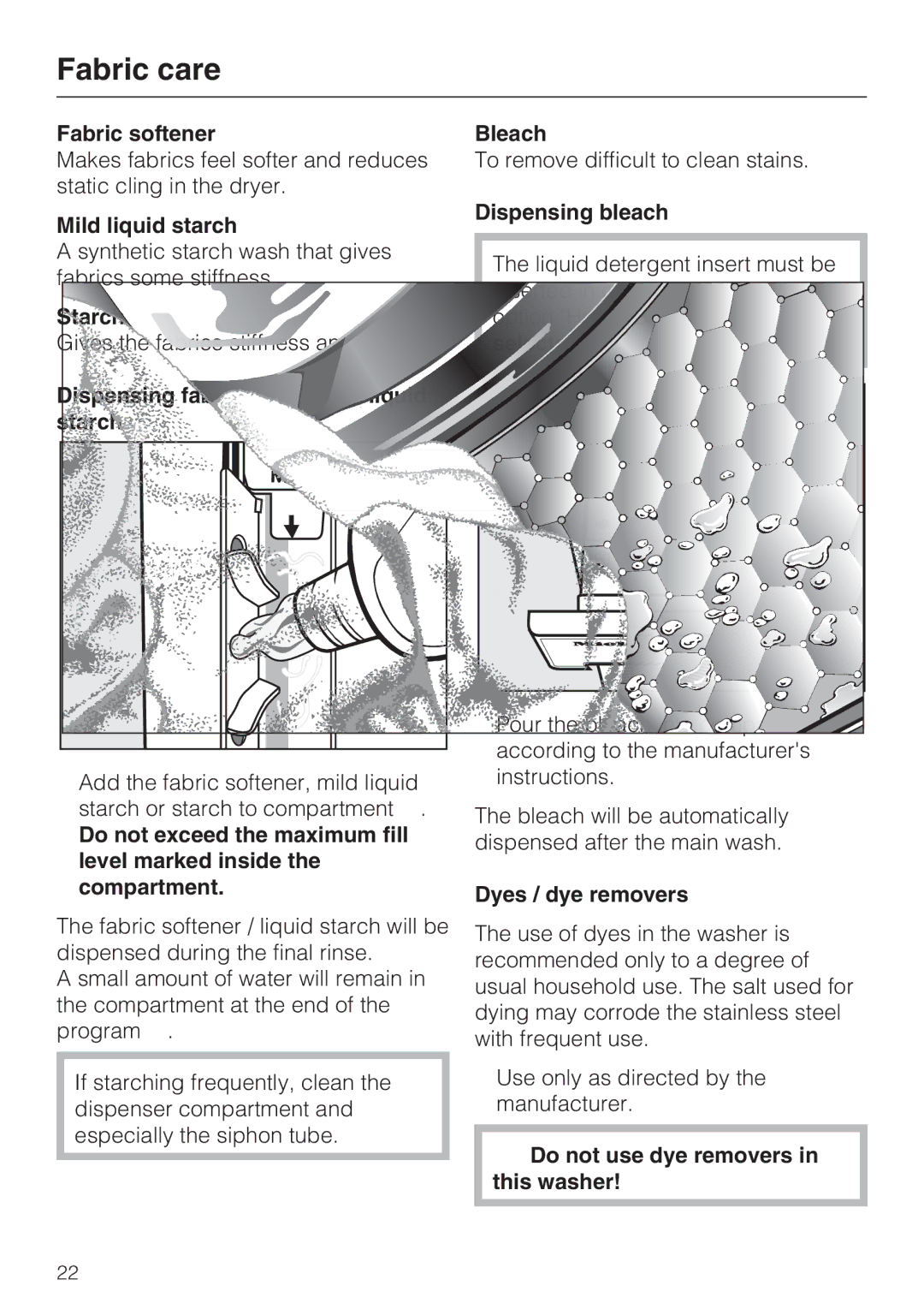 Miele W 3037 installation instructions Fabric care 