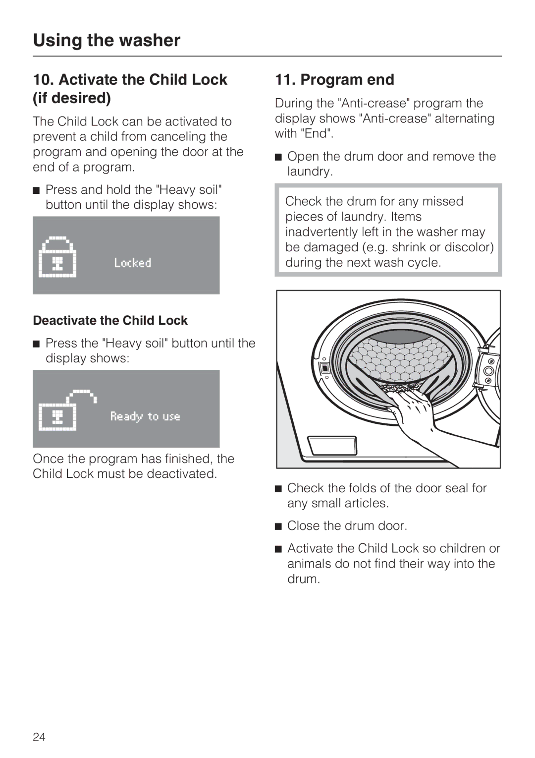 Miele W 3037 installation instructions Activate the Child Lock if desired, Program end, Deactivate the Child Lock 