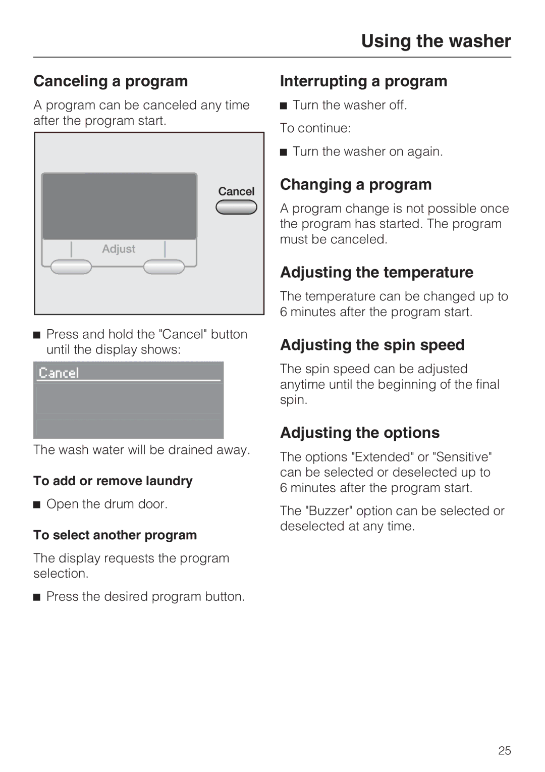 Miele W 3037 Canceling a program, Interrupting a program, Changing a program, Adjusting the temperature 