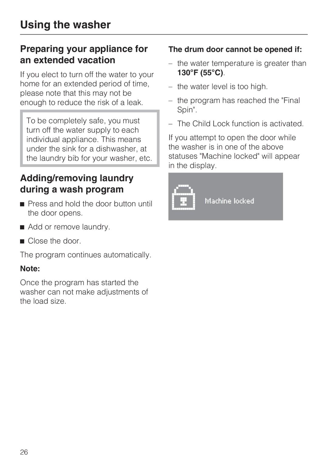 Miele W 3037 Preparing your appliance for an extended vacation, Adding/removing laundry during a wash program 