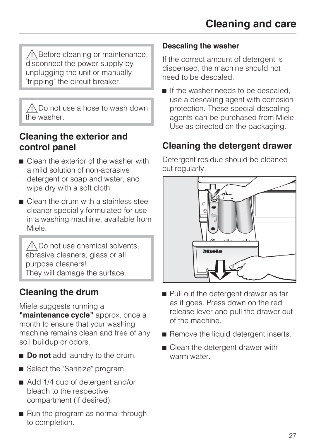 Miele W 3037 Cleaning and care, Cleaning the exterior and control panel, Cleaning the drum, Cleaning the detergent drawer 