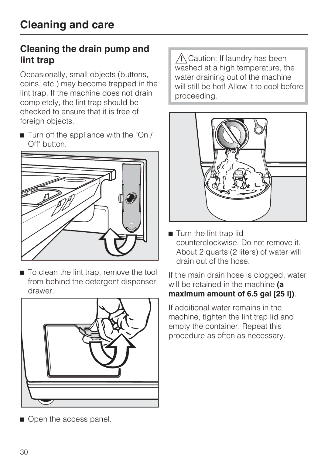 Miele W 3037 installation instructions Cleaning the drain pump and lint trap 